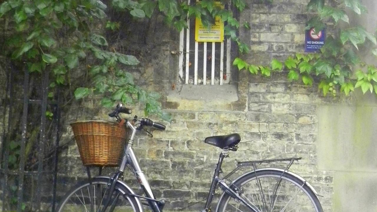 Bicycle leaning against stone wall