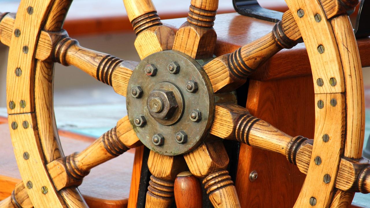 Wooden steering wheel from a ship