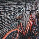 Rusted bicycle leaning against a wicker wall
